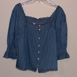 Cupio Denim‎ 3/4 Sleeve Chambray Square Neck Top